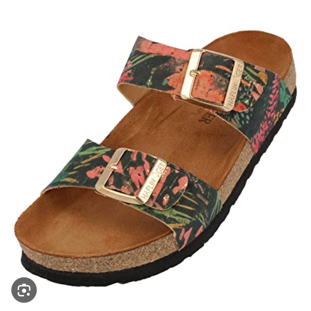 Haflinger Floral Double-Buckle Slide Sandal - Green/Pink/Gold Buckles